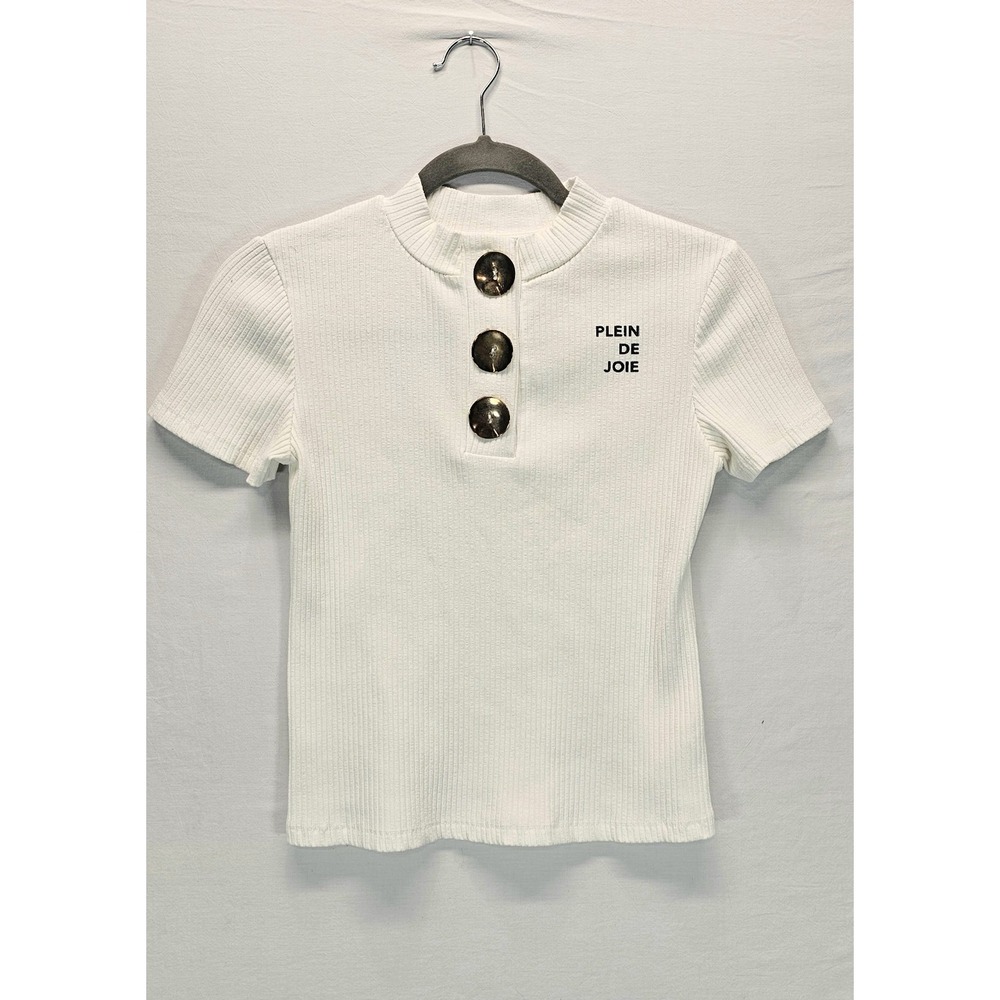 ZARA Trafaluc Ribbed Knit Top S White Button Front Paris Graphic Tee